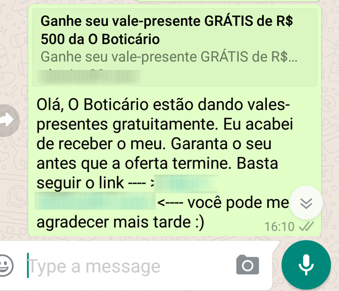 Golpe no WhatsApp usa promoção de O Boticário como isca, alerta PSafe