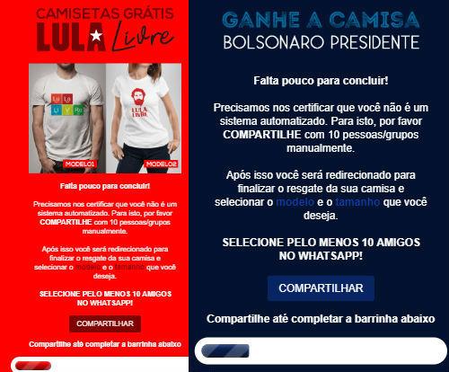 Golpes no WhatsApp prometem camisetas de Lula e Bolsonaro